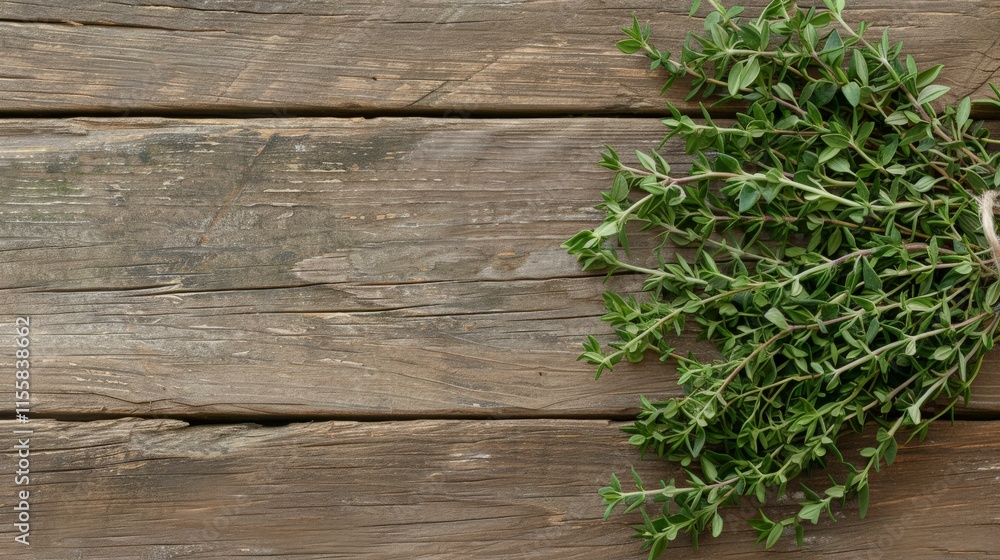 Thyme tea with fresh thyme sprigs on a Rustic background, copy space Thyme tea with fresh thyme sprigs on a Rustic background, copy space