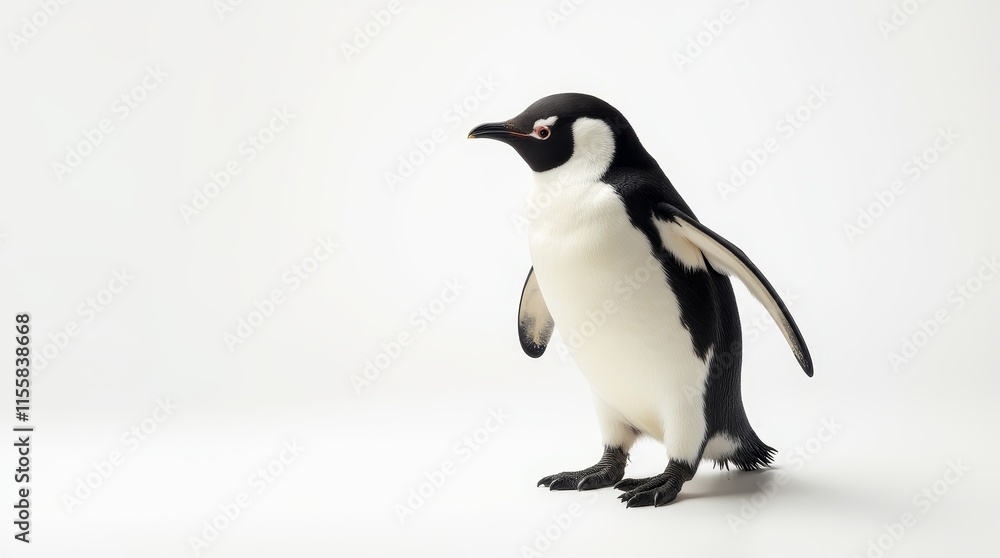 Obraz premium Distant Portrait of a Partially Visible Penguin on White Background