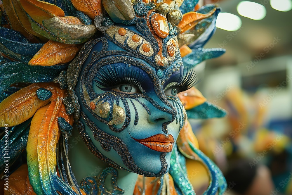 Fototapeta premium Vibrant carnival dancer with elaborate costume showcases artistry and cultural celebration during festival event