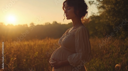 Expecting mother in white lace dress poses by serene water during sunset
