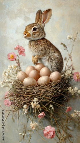 Rabbit sitting on eggs in a nest surrounded by flowers under a cloudy sky