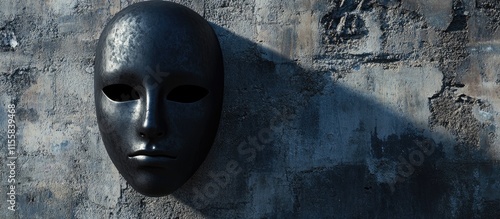 Black face mask casting shadow on textured abandoned wall with empty space for text and dramatic lighting effects photo