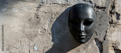 Black face mask casting shadow on weathered wall of abandoned city urban setting with ample space for text and graphic design elements photo