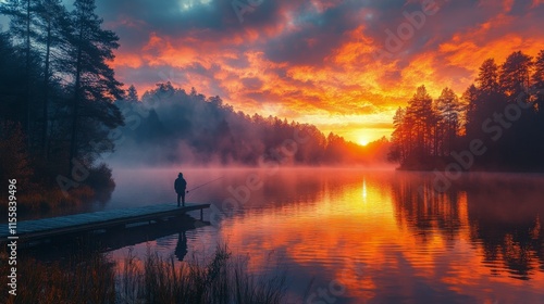 Majestic sunset over a tranquil lake with a lone figure standing on a dock am...