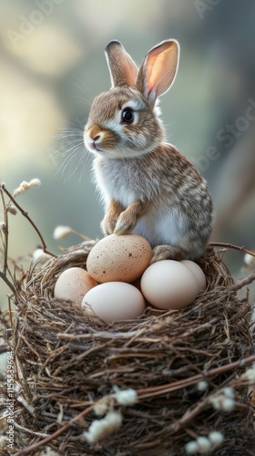Rabbit sitting on eggs in a nest surrounded by flowers under a cloudy sky