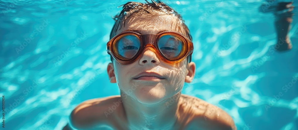 Naklejka premium Boys Swimming Championship Focus on Young Swimmer with Goggles in Clear Blue Water Copy Space for Text in Sports and Aquatics Theme