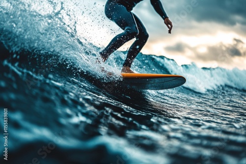 Surfer rides a massive wave during a cloudy day at a coastal beach