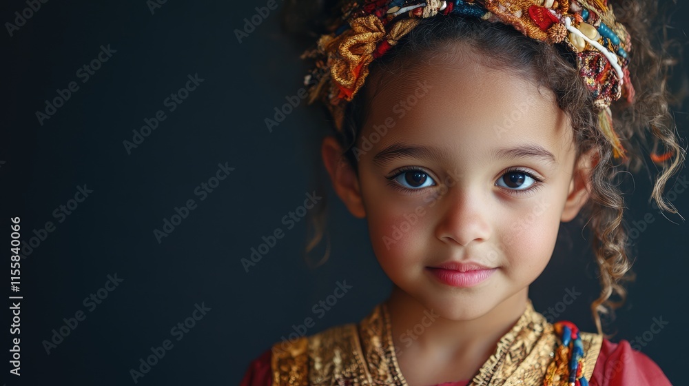 Fototapeta premium Child expressing pride in their culture with traditional attire showcasing a shy demeanor against a neutral background with ample empty space
