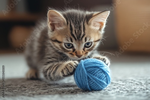 Playful kitten exploring orange yarn ball in a sunny garden setting