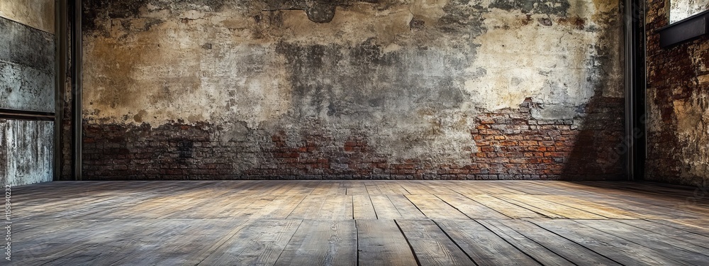 A spacious, weathered interior with exposed brick and wooden flooring. A spacious, weathered interior with exposed brick and wooden flooring.