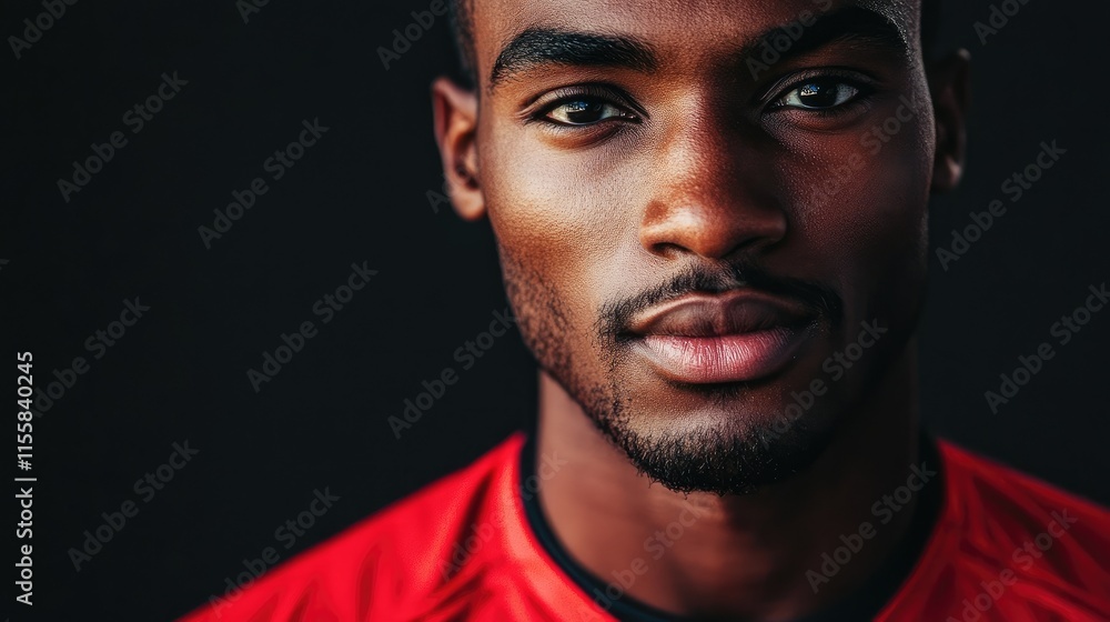 Fototapeta premium Athlete's Portrait in Red Jersey Against Dark Background with Space for Text or Branding