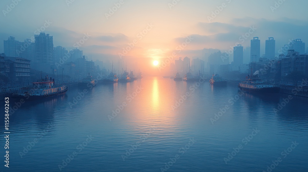 Misty sunrise over harbor with numerous ships. Misty sunrise over harbor with numerous ships.