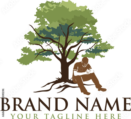 Silhouette of a man sitting on a bench under a tree vector logo design