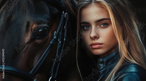 Portrait of Young Female Equestrian Gazing at Camera Beside Majestic Horse with Room for Text Overlay in Natural Setting photo