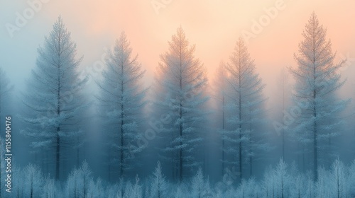 Misty sunrise over a snow-covered pine forest.