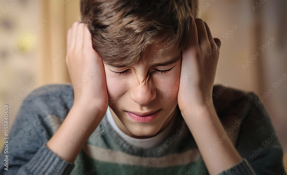 Upset boy teenager victim of school bullying keeps hand to head, eyes closed, feeling discomfort and emotional stress. Sad adolescent feels scared, looks hopeless and pessimistic Upset boy teenager victim of school bullying keeps hand to head, eyes closed, feeling discomfort and emotional stress. Sad adolescent feels scared, looks hopeless and pessimistic
