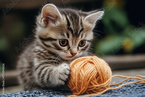 Playful kitten exploring orange yarn ball in a sunny garden setting