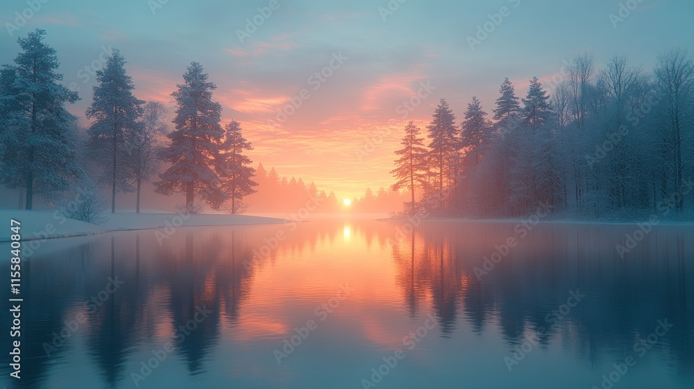 Misty sunrise over a frozen lake in a snowy pine forest. Misty sunrise over a frozen lake in a snowy pine forest.