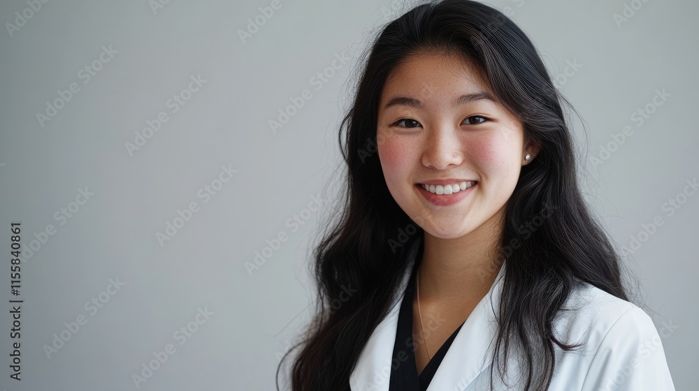 Obraz premium Portrait of a smiling young nurse in a lab coat with soft lighting and neutral background ideal for healthcare and medical promotions