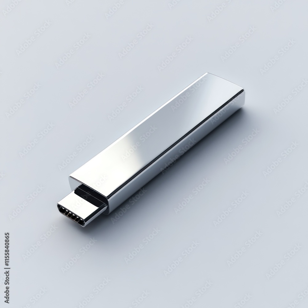 Sleek silver USB-C flash drive on white background. Sleek silver USB-C flash drive on white background.