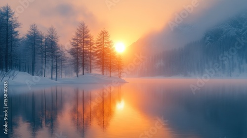 Misty sunrise over snowy lake and pines.