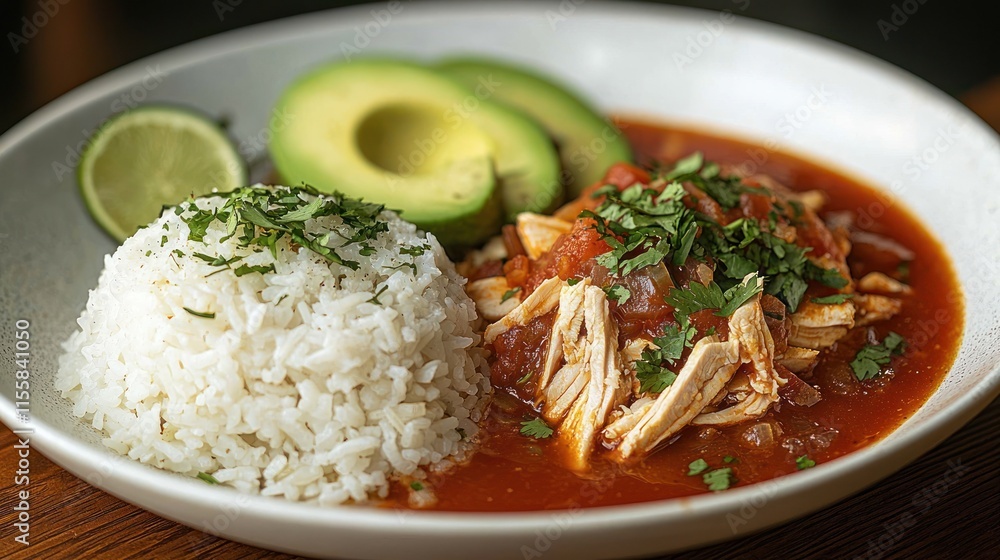 Chicken in tomato sauce with rice, avocado, and lime. Chicken in tomato sauce with rice, avocado, and lime.