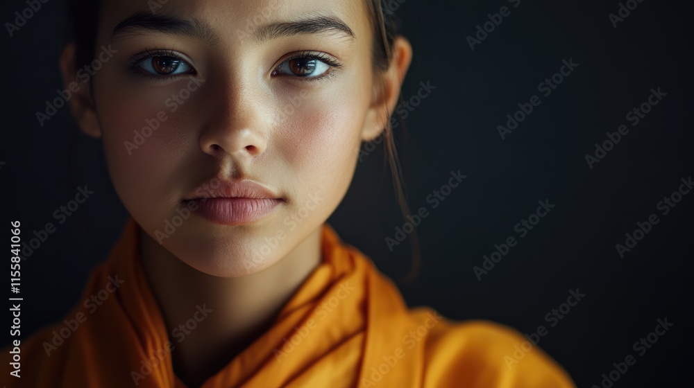 Young female monk's close-up portrait reflecting deep emotion and spirituality with serene expression against a dark background for text placement. Young female monk's close-up portrait reflecting deep emotion and spirituality with serene expression against a dark background for text placement.