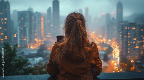 City skyline at dusk with person enjoying a warm beverage overlooking urban l...