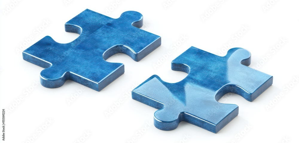 Two vibrant blue puzzle pieces with geometric shapes and clean edges arranged on a white background in 3D, Two vibrant blue puzzle pieces with geometric shapes and clean edges arranged on a white background in 3D,
