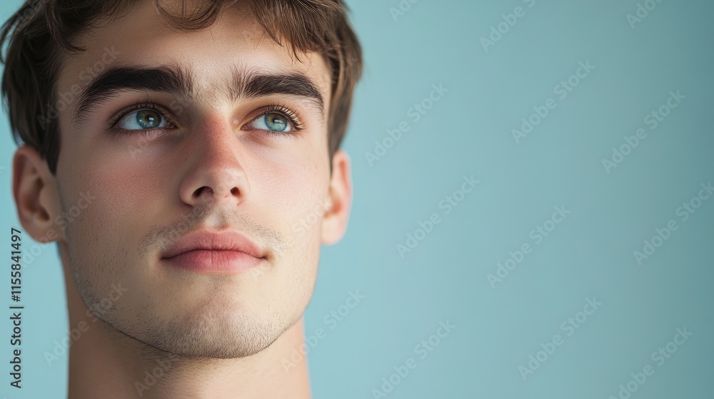 Fototapeta premium Close up portrait of thoughtful young man with neutral expression and pastel background ideal for text or branding placement