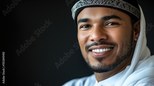 Portrait of an Arabian man in traditional attire smiling in a white thobe with black agal against a dark background for text space photo