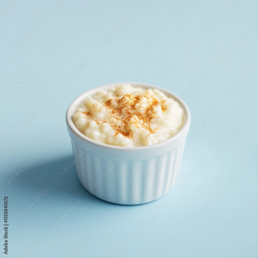 Creamy rice pudding in a small white bowl, sprinkled with cinnamon, on a light blue background.