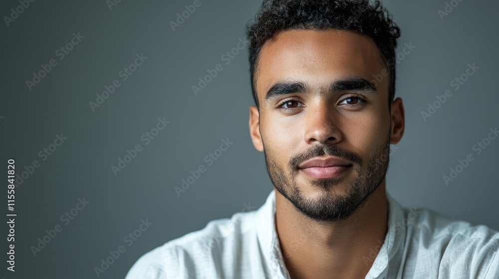 Fototapeta premium Close up portrait of a confident man with short curly hair on a neutral grey background ideal for showcasing personal or branding messages.