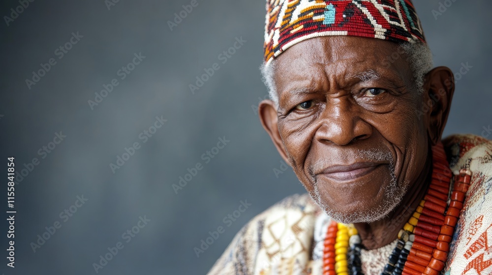 Obraz premium Elderly Black gentleman from Yoruba tribe showcasing rich cultural heritage with space for text in a close-up portrait.