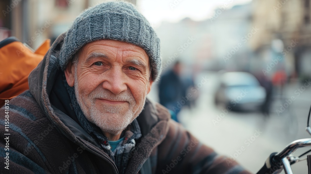 Elderly man in knit hat smiling while cycling in urban setting with blurred background and space for text or advertising message Elderly man in knit hat smiling while cycling in urban setting with blurred background and space for text or advertising message