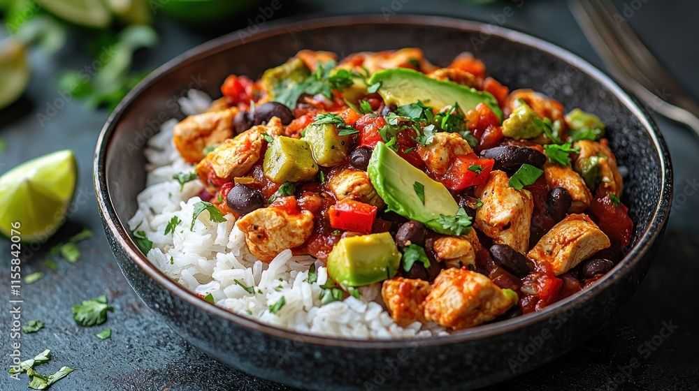 Chicken stew with rice, avocado, and cilantro. Chicken stew with rice, avocado, and cilantro.
