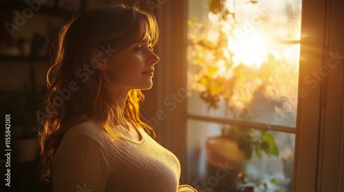 Woman enjoying tranquility in sunlight with plants in the background during g...