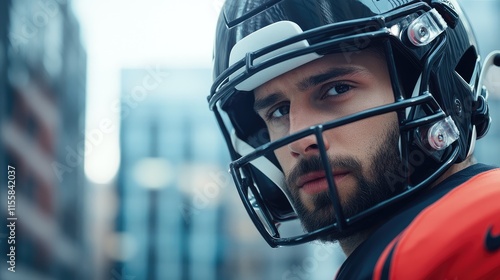 Portrait of focused football quarterback in helmet against urban backdrop with copy space for promotional text and branding opportunities photo