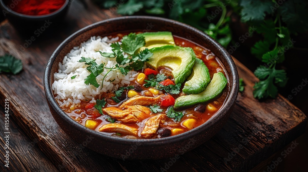 Chicken tortilla soup with rice, avocado, and cilantro. Chicken tortilla soup with rice, avocado, and cilantro.