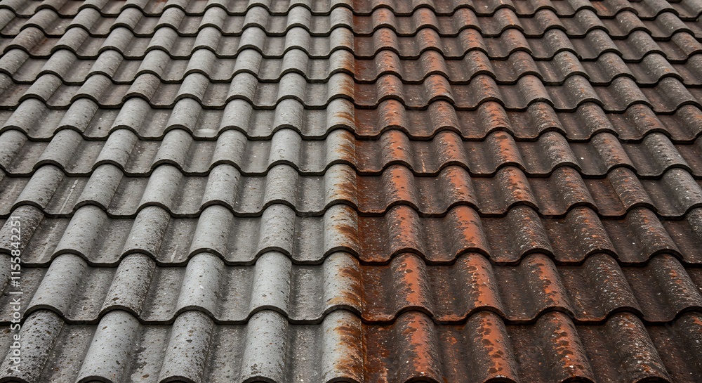 Roof tiles with a contrasting appearance: one side clean and the other side dirty, illustrating the impact of cleaning or weather exposure on roofing materials Roof tiles with a contrasting appearance: one side clean and the other side dirty, illustrating the impact of cleaning or weather exposure on roofing materials