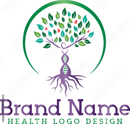 DNA tree leaf logo design vector icon. Human DNA double helix with tree colorful concept vector illustration.