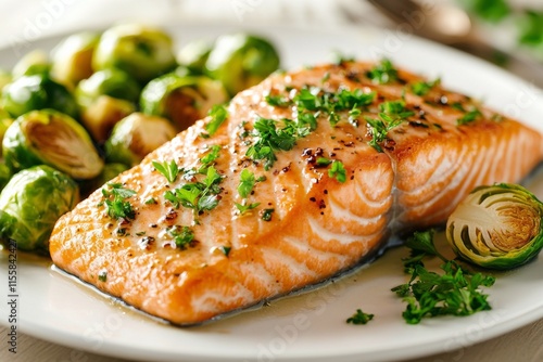 Freshly cooked salmon fillet served with rice and Brussels sprouts for a heal...