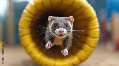 Ferret exploring a colorful tube in a playful indoor setting at a pet facility
