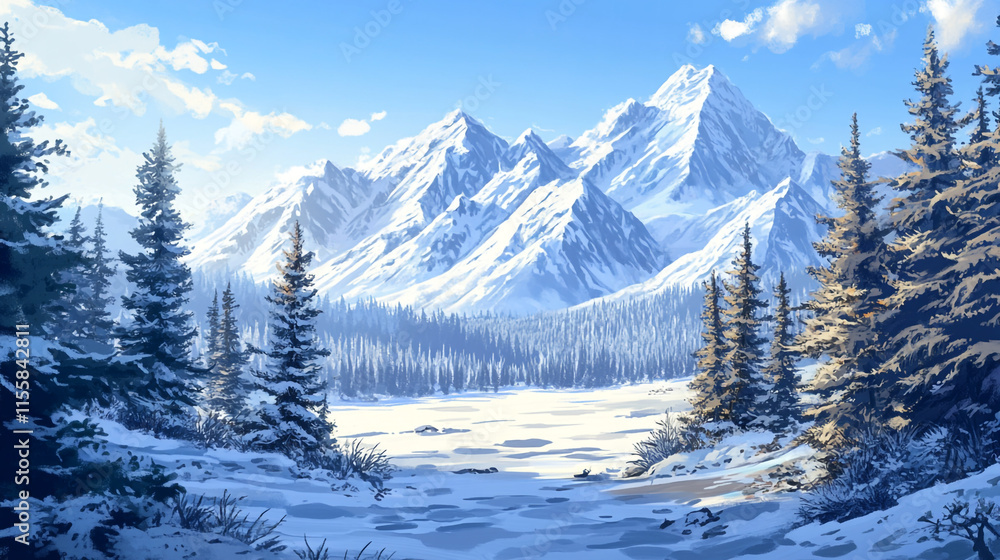 Abstract natural snow covered mountains with trees, Arctic Landscape with Snow covered mountain and trees in a winter, winter morning snowy view with melting snow and various large trees. Abstract natural snow covered mountains with trees, Arctic Landscape with Snow covered mountain and trees in a winter, winter morning snowy view with melting snow and various large trees.