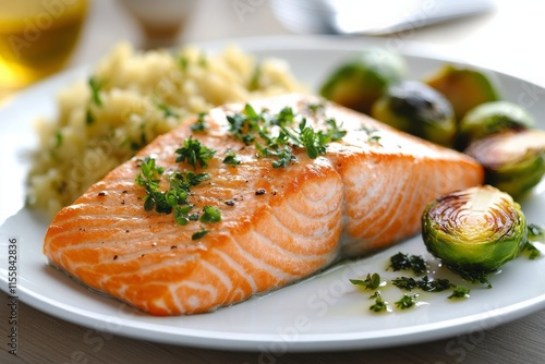 Freshly cooked salmon fillet served with rice and Brussels sprouts for a heal...