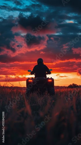 Sunset ATV ride in the open field with vibrant sky colors