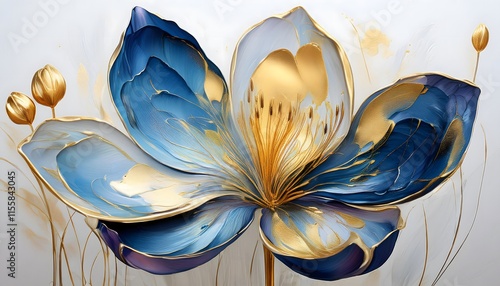 abstract floral oil painting gold and blue crocus flower on white background