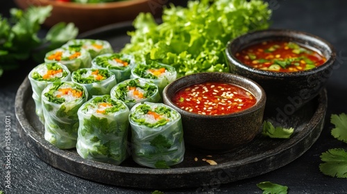 Fresh spring rolls with dipping sauces served on a wooden platter in a cozy s...