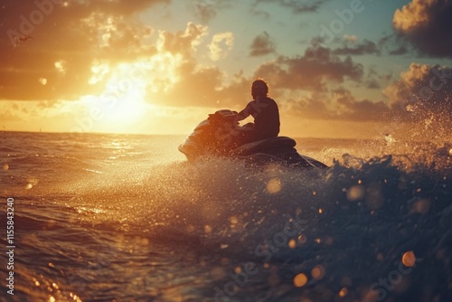 Man rides personal watercraft on clear blue water during sunny day in coastal...