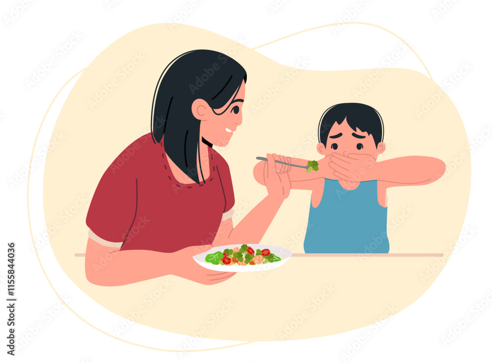 Mother gives her son salad.  boy rejects healthy eating, refuses vegetables.